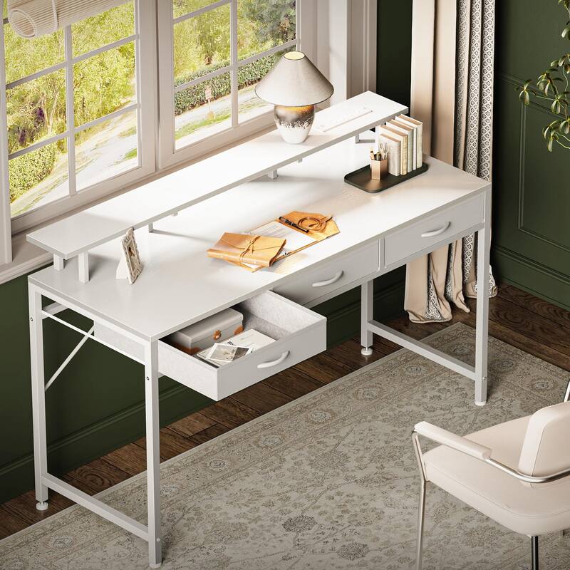 55" Computer Desk with 3 Drawers, Office Desk Gaming Desk with LED